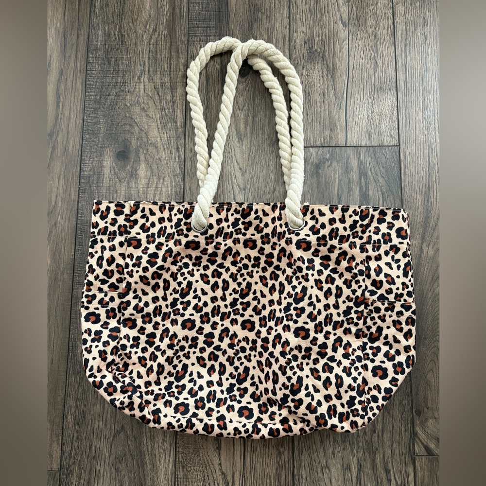 Cheetah canvas large tote shoulder beach bag with rope straps